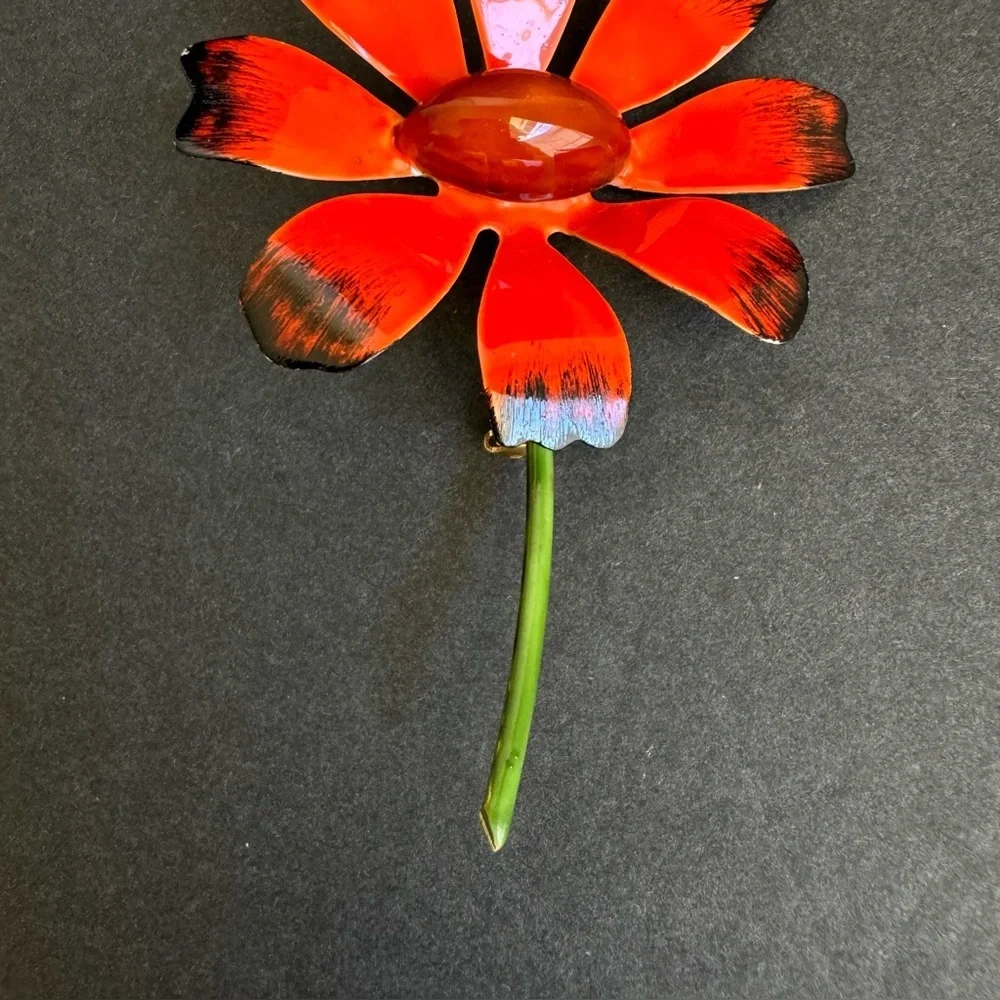 Vintage Enamel Daisy Brooch Orange Flower Pin Original By Robert 60s‎ Retro